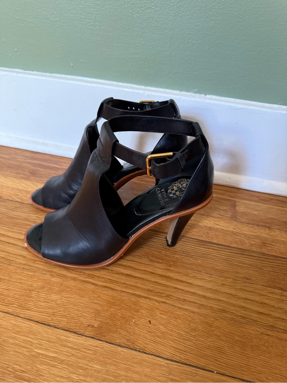 Vince Camuto Black Leather Peep-Toe Ankle Strap Heels